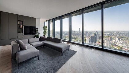 Fototapeta premium Modern living room with breathtaking city views from floor to ceiling windows