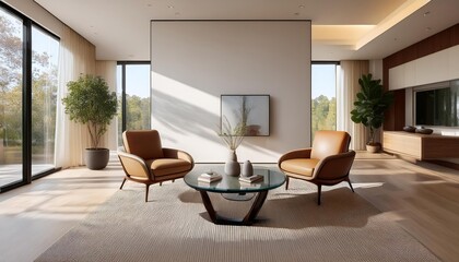 Fototapeta premium Sunlight streams into a minimalist living room illuminating two leather armchairs flanking a glass coffee table