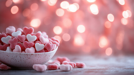 Romantic Bowl of Heart-Shaped Candies with Soft Pink Bokeh Background