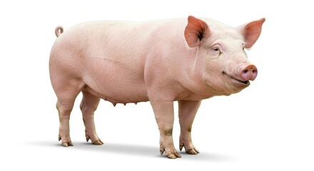 Domesticated Pink Pig Standing Isolated on White Background Farm Animal
