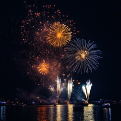 
Spectacular display of vibrant, colorful fireworks illuminating the night sky background during festive celebrations and special events