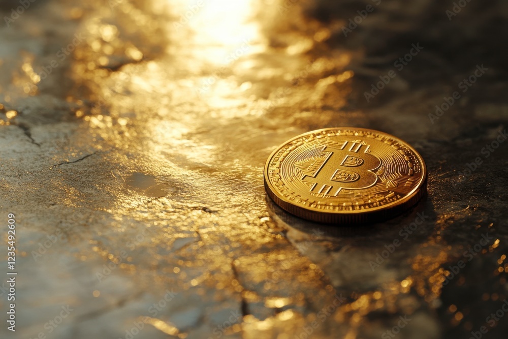 Aufkleber a shiny gold coin rests on a reflective surface, illuminated by soft light, creating an elegant and 