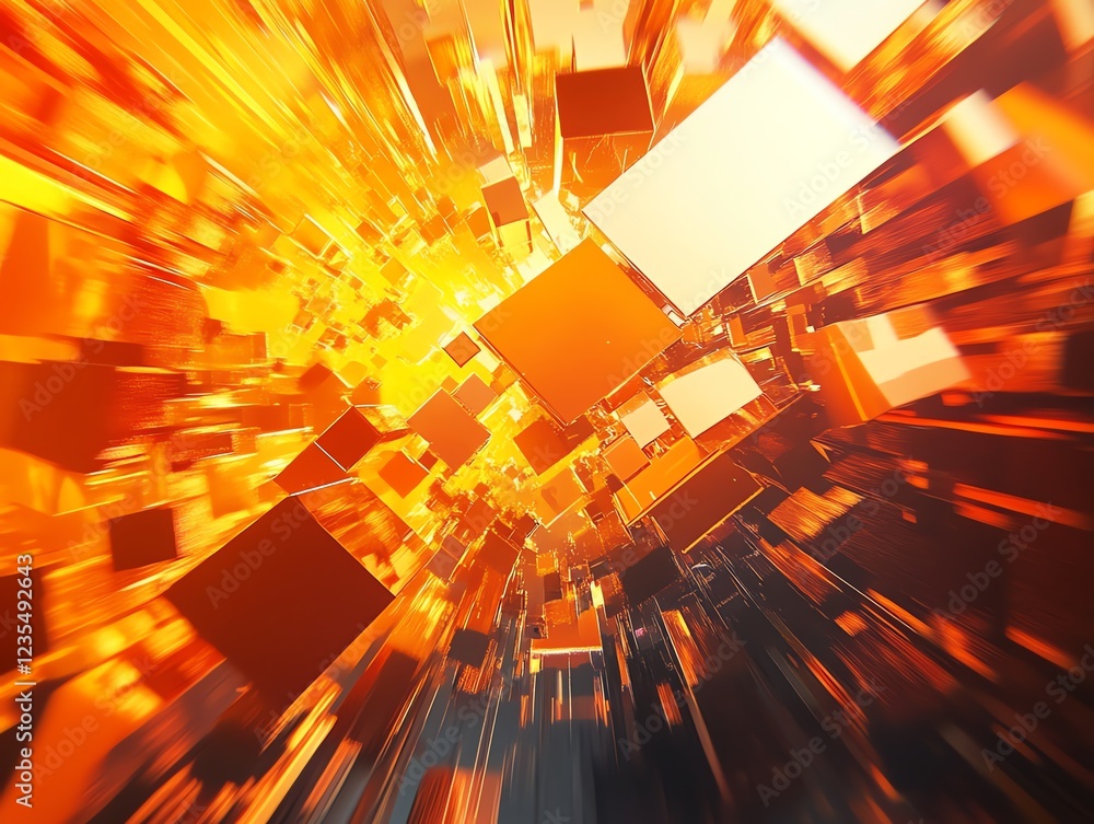Poster dynamic orange and gold abstract 3d design with floating cubes and depth perspective in a vivid digi