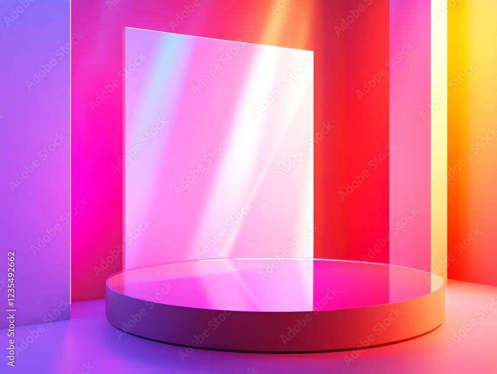 Poster colorful abstract display stage with glowing surfaces in a bright setting