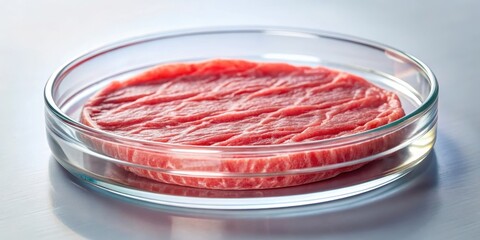 Cellular culture dish with pinkish-brown lab-grown meat cells suspended in a transparent gel-like substance, in a sterile environment , synthetic meat, petri dish