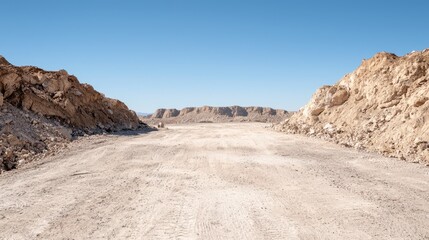 Desert road between canyons, clear sky, arid landscape, travel photography