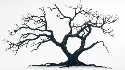 Silhouette of a gnarled, leafless tree against a white background.