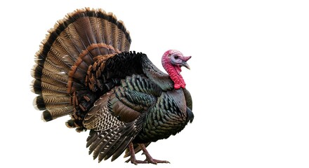 Majestic Wild Turkey with Full Tail Feathers Display Isolated on White Background