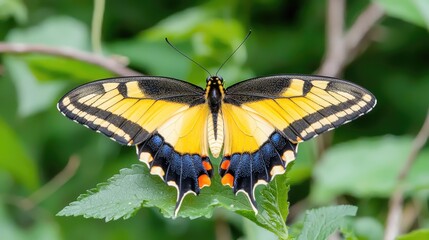 Fototapeta premium Yellow swallowtail butterfly perched on leaf, green foliage background. Nature photography for websites