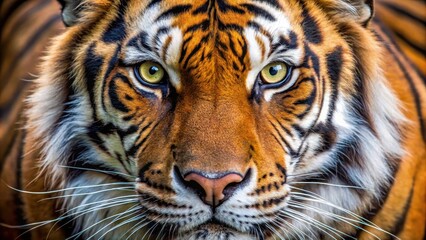 A tigers face is seen up close with its eyes gleaming intensely as it stares forward with its whiskers and nostrils flared in a fierce expression, close-up, wildlife
