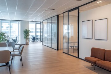 Fototapeta premium Modern office interior with glass partitions, meeting table, and seating area.