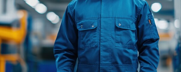 Worker in Blue Uniform Standing in Industrial Setting