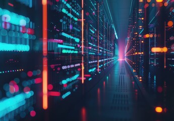 Obraz premium A futuristic data center hallway with glowing neon lights reflecting off sleek server racks, creating a vibrant and dynamic atmosphere. Ideal for showcasing advanced technology and IT infrastructure