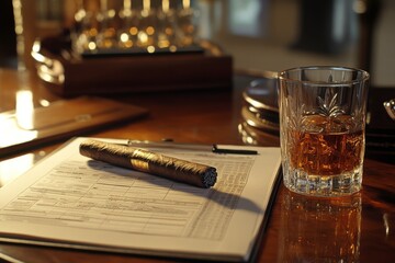 A refined workspace featuring a cigar, glass of whiskey, and sheet music, evoking a sense of leisure and creativity.