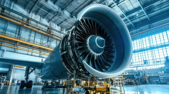 A sophisticated industrial aerospace research facility with engineers testing next-generation jet engines for efficiency and performance, Aerospace research facility scene, Aviation engineering style