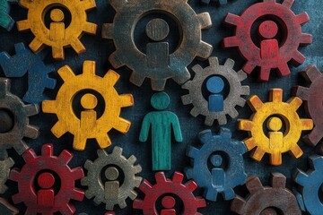 Colorful gears with person icons represent teamwork and collaboration