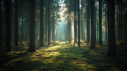 Obraz premium Sunlit Path Through A Mystical Forest Of Tall Trees