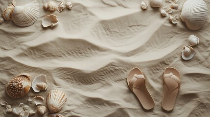 sandy beach scene with footprints, seashells, and a pair of flip-flops, perfect for summer vacations, beach holidays, travel brochures
