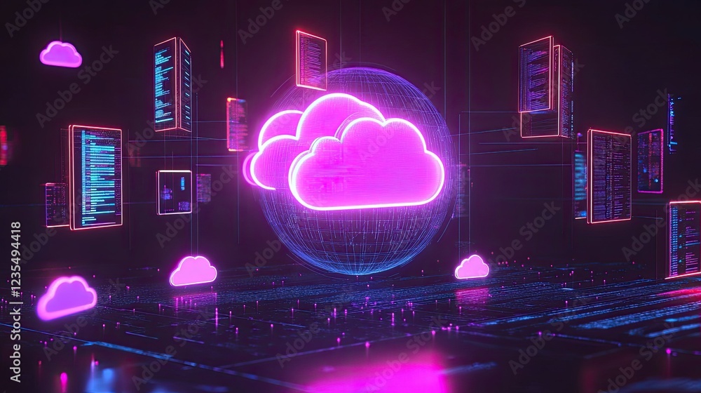 Poster global cloud storage concept with glowing file-sharing icons floating around a digital globe and mul