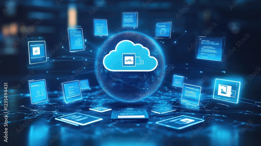Poster global cloud storage concept with glowing file-sharing icons floating around a digital globe and mul