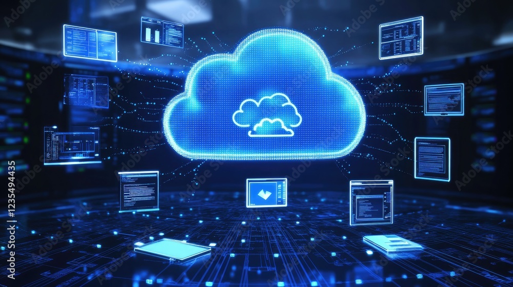 Poster global cloud storage concept with glowing file-sharing icons floating around a digital globe and mul