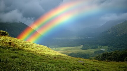 A vibrant rainbow arches over a lush green landscape, surrounded by dramatic mountains and cloudy skies, creating a picturesque natural scene.