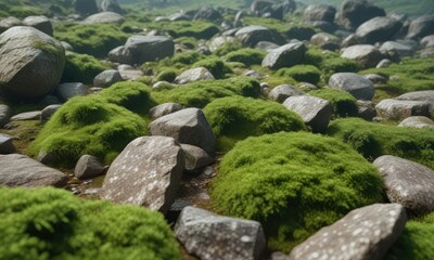 Abstract background of green moss covering rocks, earthy, rough