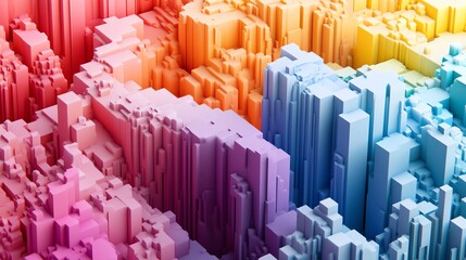 Obraz premium Colorful 3D Landscape With Geometric Formations and Gradient Hues Showcasing a Vibrant Digital Environment