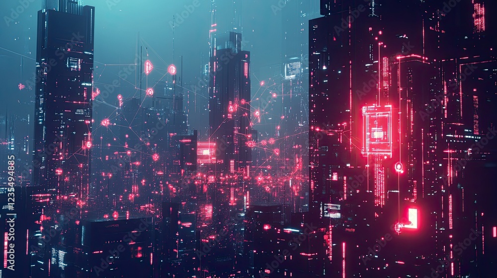 Poster high-tech urban environment with glowing connections representing ai-driven city networks and smart 