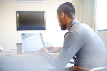 Finance, laptop and planning with accountant man at desk in office for investment or wealth...