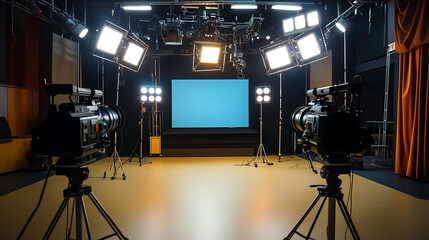 Professional television studio interior with dramatic spotlights illuminating an empty modern set, shallow depth of field effect using f/2.0mm lens, ideal for media production and broadcast concepts