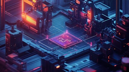 Industrial IoT innovation concept with machines, sensors, and isometric network visuals symbolizing connectivity.