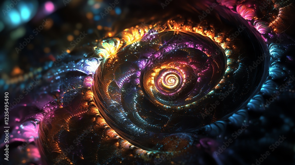 Poster swirling patterns of light create an enchanting spiral in a colorful fractal design at night