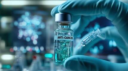 Gloved hands carefully holding an anti cancer drug vaccine vial in a laboratory environment, engaging in groundbreaking medical research aimed at advancing cancer treatment and prevention