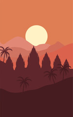 Landscape temple silhouette and mount 