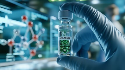 Gloved hand gripping green anti cancer medication capsule near molecular research screens, highlighting cutting edge pharmaceutical laboratory environment