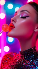 Glamorous model sporting sequined top, vibrant makeup, red lips, holding colorful lollipop under neon lights during nightlife scene