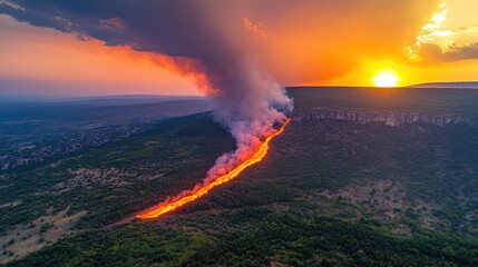 Fototapeta premium Aerial view of wildfire at sunset.