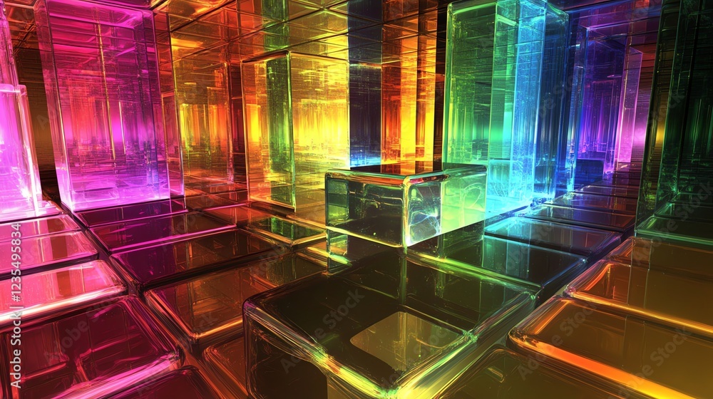 Poster colorful glass structures form a vibrant abstract landscape with illuminated reflections and geometr