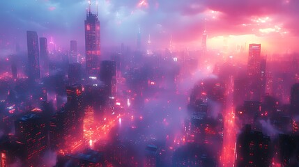 Obraz premium Futuristic city aerial, rain, sunset, neon lights, dystopian