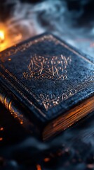 Antique leather bound grimoire glowing with golden runes, casting mystical light amid swirling smoke on weathered wooden surface, revealing arcane knowledge