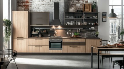 Modern kitchen space with sleek light wooden cabinets, neutral tones, and minimalist open shelving design.