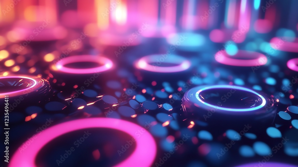 Aufkleber vibrant neon circles glowing on a dark surface create a mesmerizing visual experience in a futuristi