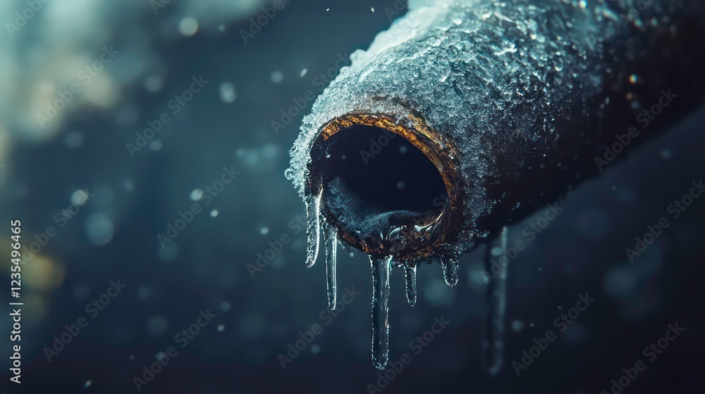 Poster close-up of a frozen pipe with icicles hanging, showing texture and detail.