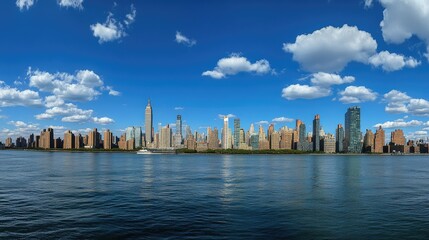 Obraz premium New York City iconic skyline bathed in bright sunlight, with blue skies and towering skyscrapers.