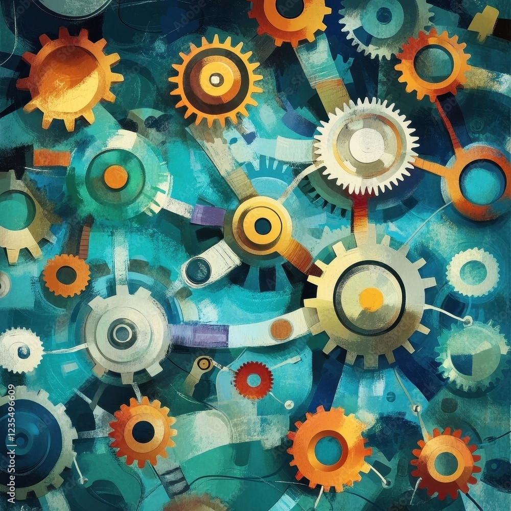 Poster abstract art depicting interlocking gears and cogs