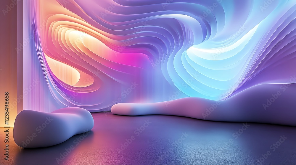 Poster unique abstract interior design features dynamic light and colorful waves with soft shapes in a mode