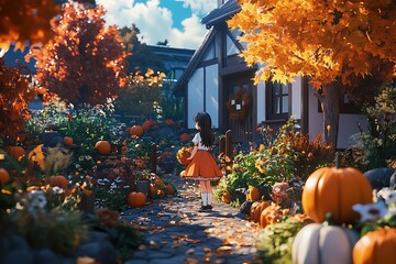 A girl in a pumpkin-filled garden during autumn, surrounded by vibrant foliage and a cozy house.