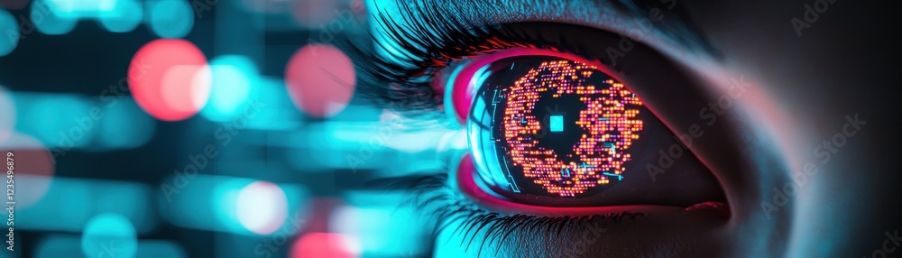 Poster solution ai authentication cybersecurity concept. futuristic close-up of a glowing eye