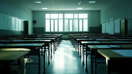 Quiet exam hall with rows of desks set up, answer sheets and pencils placed neatly, ready for students.
